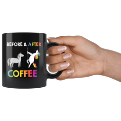 Unicorn Pole Dancers BEFORE and AFTER COFFEE Funny Unicorn Coffee Mug and Tea Mug Unicorn Black Ceramic Mug Gift